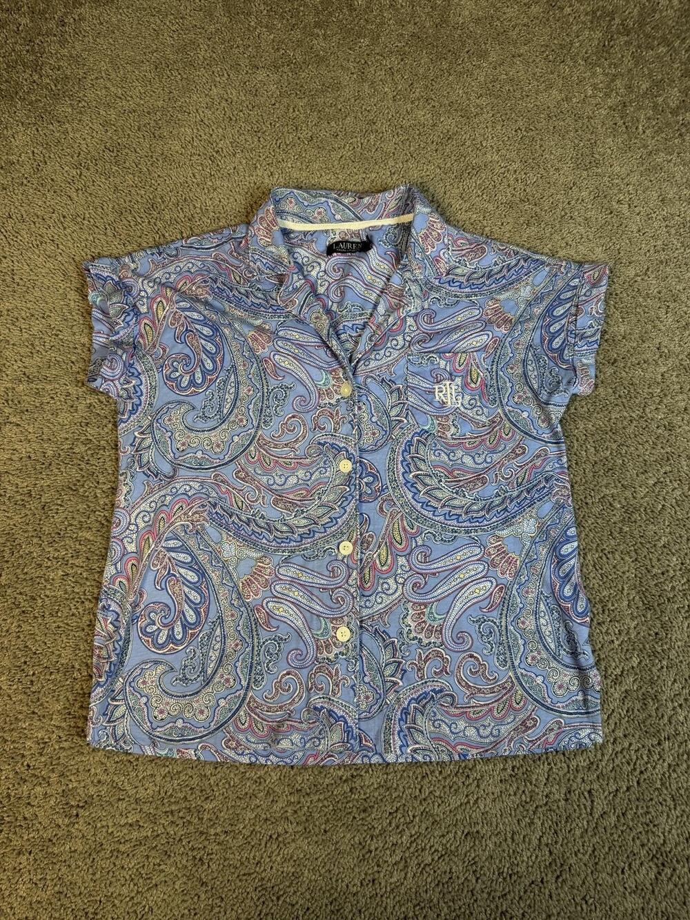 Lauren Ralph Lauren Pajama Top Womens M Blue Paisley Chemise Button Embroidered